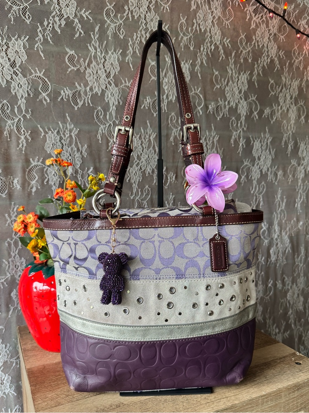 Coach Purple and Cream Signature Stripe Tote with Stud Accents